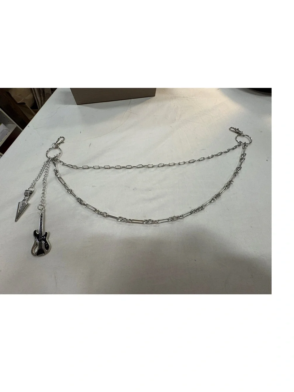 Silver Double-Chain with Guitar and Spike Charms for Bags and Wallets  20”